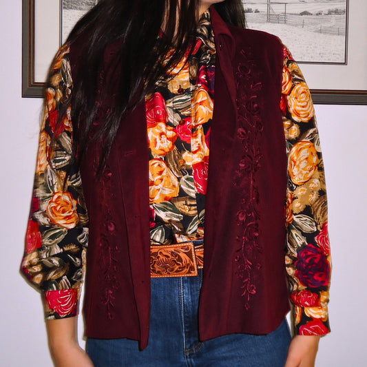 Wine Floral Suede Vest (M/L)